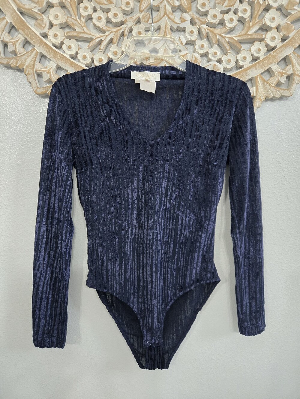 Vintage Escada By Margaretha Ley Navy Blue Velvet Burnout Sheer Bodysuit